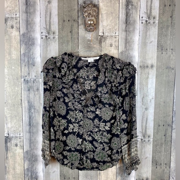 Veronica Beard Silk Ruffle Sleeve Floral Blouse in Black Green Multi Size Small. - Picture 2 of 12